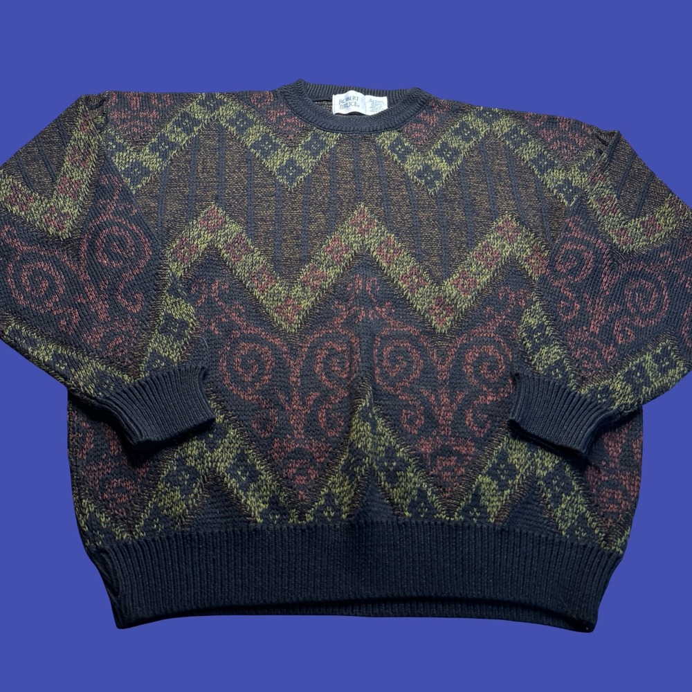 Robert Bruce Sweater XL Mens Black Green Geometric Knit Acrylic Vintage